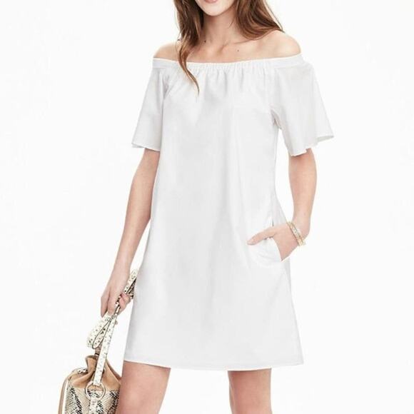 New Banana Republic Poplin White Off Shoulder Shift Dress S - Picture 1 of 5